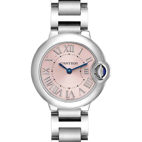 This image shows a front view of the Ballon Bleu de Cartier watch, featuring a pink dial and silver bracelet.