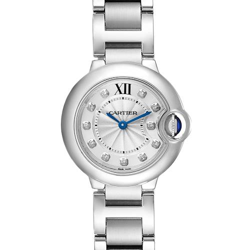 The image shows a front view of the Cartier Ballon Bleu WE902073 Women's Stainless Steel Silver Dial WE902073 Women's Stainless Steel Silver Dial watch, featuring its dial, bracelet, and crown with a blue cabochon.