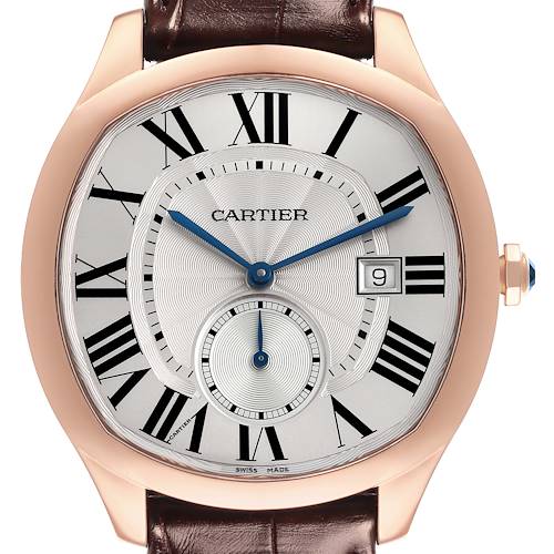 The Drive de Cartier watch is shown from a front view, highlighting its face, roman numerals, blue hands, and date window.