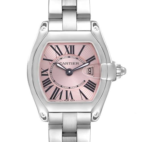 The Cartier Roadster W62017V3 Women's Stainless Steel Pink Dial W62017V3 Women's Stainless Steel Pink Dial watch is shown from a front angle, displaying the face, bezel, and bracelet attachment.