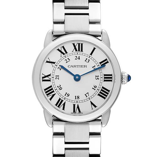 The Cartier Ronde W6701004 Women's Stainless Steel Silver Dial W6701004 Women's Stainless Steel Silver Dial watch is shown from the front, displaying the round face, Roman numerals, and metal bracelet.