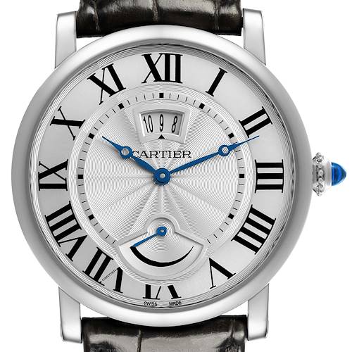 The Cartier Ronde W1556369 Men's Stainless Steel Silver Dial W1556369 Men's Stainless Steel Silver Dial watch is shown from the front, highlighting its Roman numerals, blue hands, and date window.