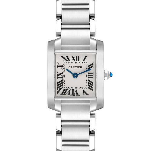 The Cartier Tank Francaise W51008Q3 Women's Stainless Steel Silver Dial W51008Q3 Women's Stainless Steel Silver Dial watch is shown from a front angle, showcasing its face, bracelet, and crown.