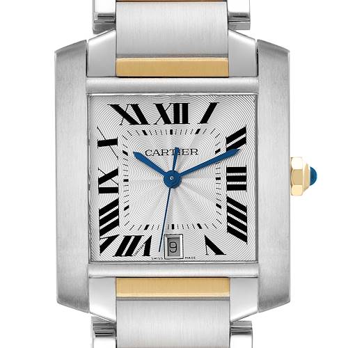 The Cartier Tank Française watch is shown from the front, highlighting the face, case, and part of the bracelet.