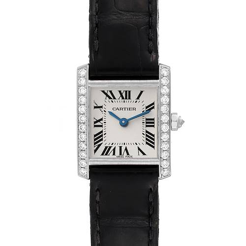 This image shows a frontal view of a Cartier Tank Francaise WE100251 Women's White Gold Silver Dial WE100251 Women's White Gold Silver Dial watch with a black leather strap and a diamond-encrusted bezel.