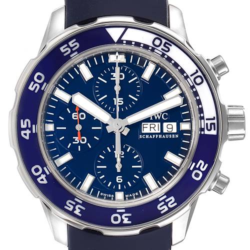 The image shows a front view of an IWC Aquatimer IW376711 Men's Stainless Steel Blue Dial IW376711 Men's Stainless Steel Blue Dial watch, highlighting the dial, bezel, and chronograph sub-dials.