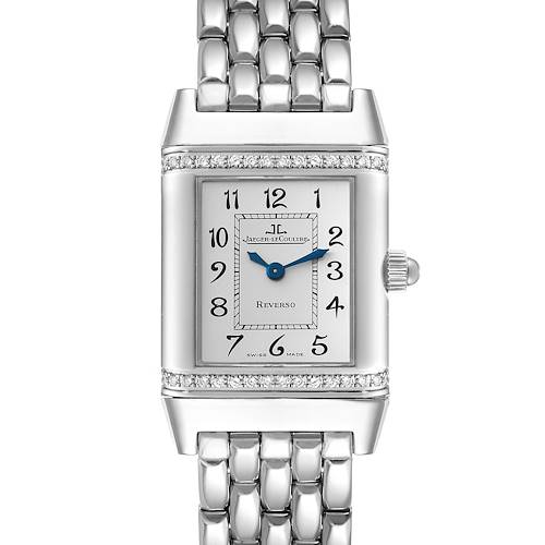 The image shows a frontal view of the Jaeger LeCoultre Reverso 265.8.08 Women's Stainless Steel Silver Dial 265.8.08 Women's Stainless Steel Silver Dial watch, displaying the face, case, and part of the metal bracelet.