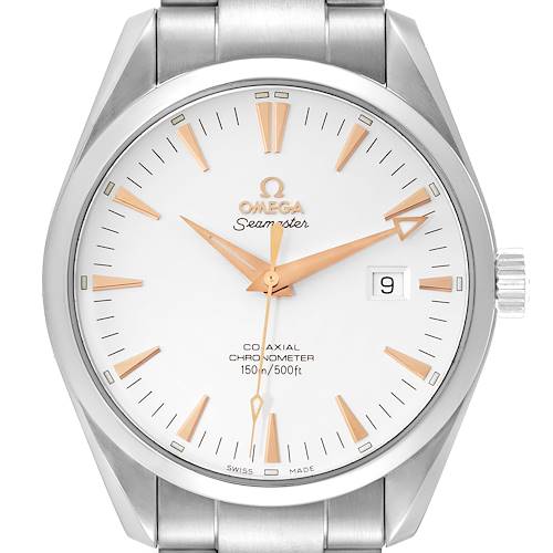 This Omega Aqua Terra 2502.34.00 Men's Stainless Steel Silver Dial 2502.34.00 Men's Stainless Steel Silver Dial watch is shown from a front view, displaying its dial, hands, and bracelet.