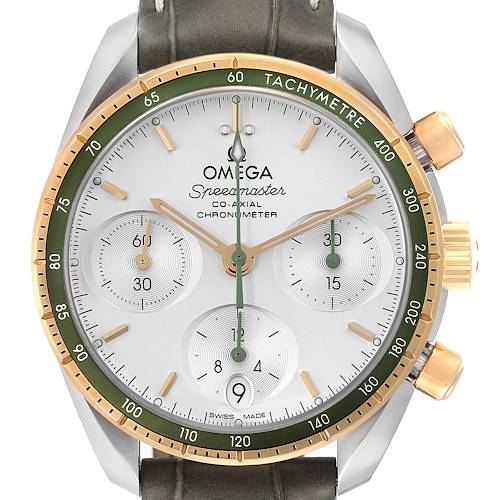 This image shows a front view of an Omega Speedmaster 324.23.38.50.02.001 Men's Steel and Gold (two tone) Silver Dial 324.23.38.50.02.001 Men's Steel and Gold (two tone) Silver Dial, highlighting the dial, bezel, and tachymeter scale.