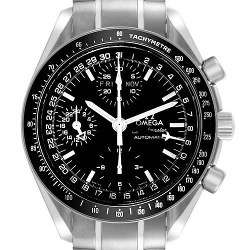 The Omega Speedmaster 3520.50.00 Men's Stainless Steel Black Dial 3520.50.00 Men's Stainless Steel Black Dial watch is shown from a frontal angle, featuring its face, tachymeter bezel, and pushers.