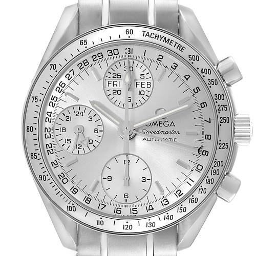 The image shows a front view of an Omega Speedmaster 3523.30.00 Men's Stainless Steel Silver Dial 3523.30.00 Men's Stainless Steel Silver Dial watch, displaying its dials, tachymeter scale, and stainless steel bracelet.