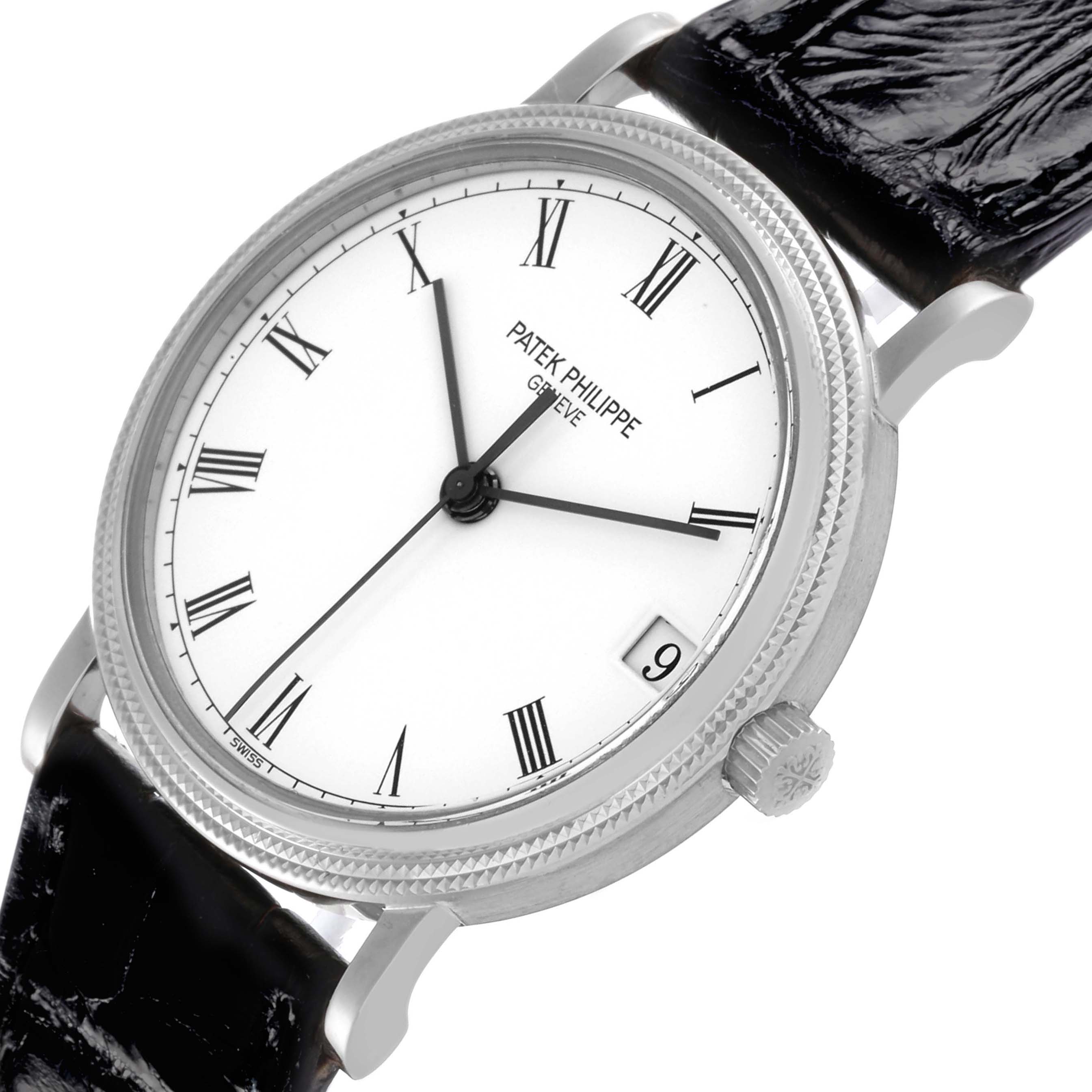 The Patek Philippe Calatrava 3802/200G-001 Men's White Gold White Dial 3802/200G-001 Men's White Gold White Dial watch is shown from a front angle, displaying its face, crown, and black leather strap.