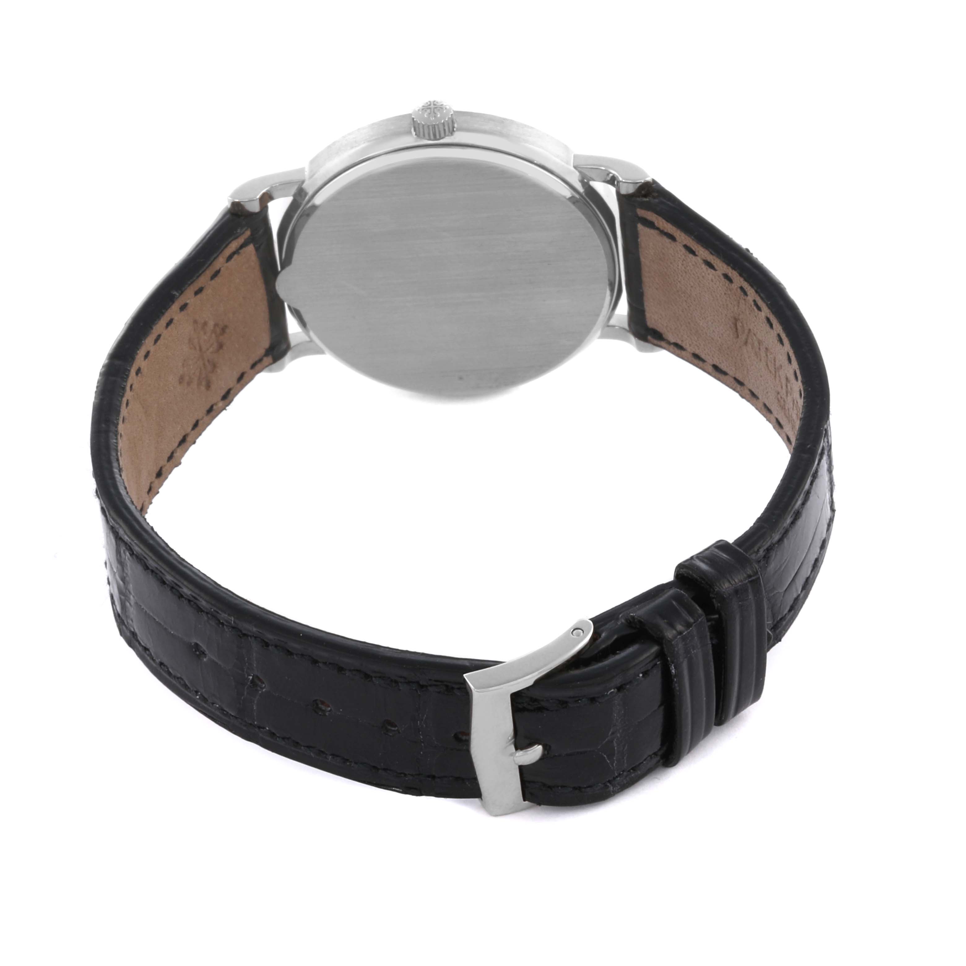 The image shows the back and side profile of a Patek Philippe Calatrava 3802/200G-001 Men's White Gold White Dial 3802/200G-001 Men's White Gold White Dial, highlighting the case back, strap, and buckle.