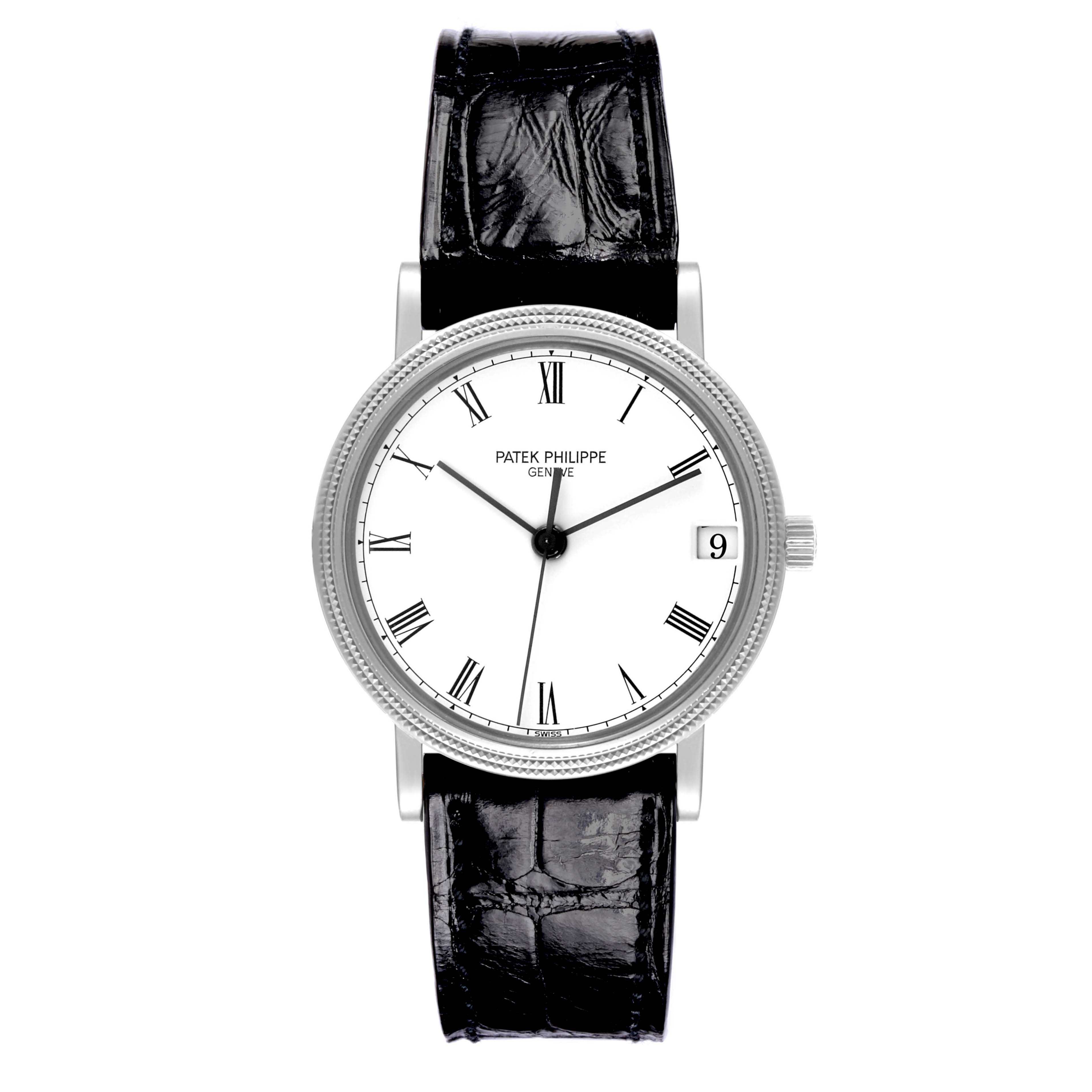 The Patek Philippe Calatrava 3802/200G-001 Men's White Gold White Dial 3802/200G-001 Men's White Gold White Dial watch is shown from a front angle, highlighting its face and leather strap.