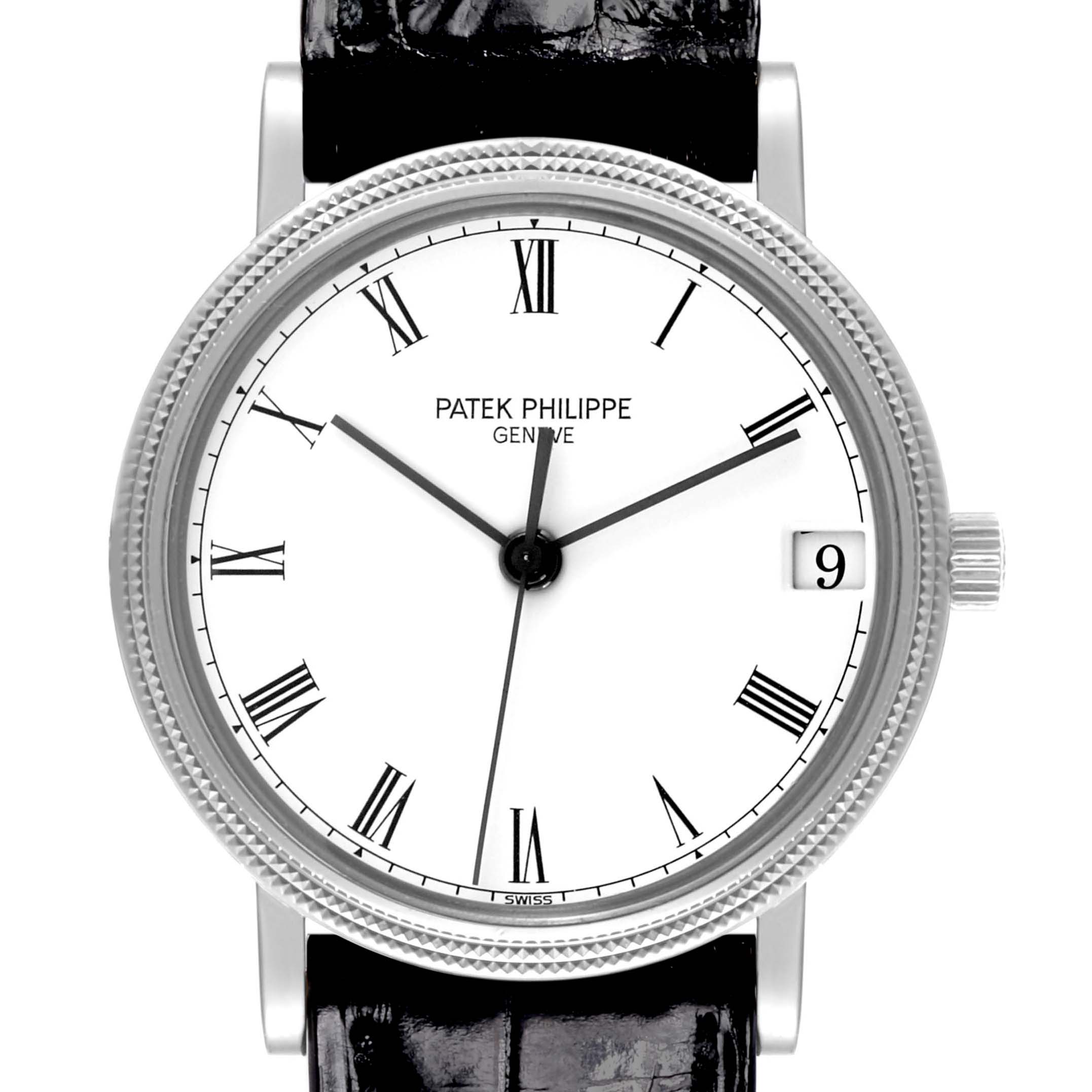 The image shows a front view of the Patek Philippe Calatrava 3802/200G-001 Men's White Gold White Dial 3802/200G-001 Men's White Gold White Dial watch face, including the bezel, dial, and part of the strap.