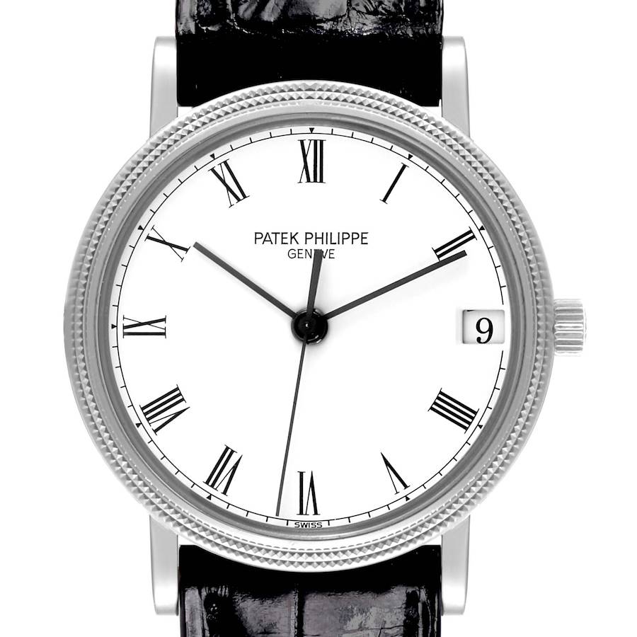 The image shows a front view of the Patek Philippe Calatrava 3802/200G-001 Men's White Gold White Dial 3802/200G-001 Men's White Gold White Dial watch face, including the bezel, dial, and part of the strap.