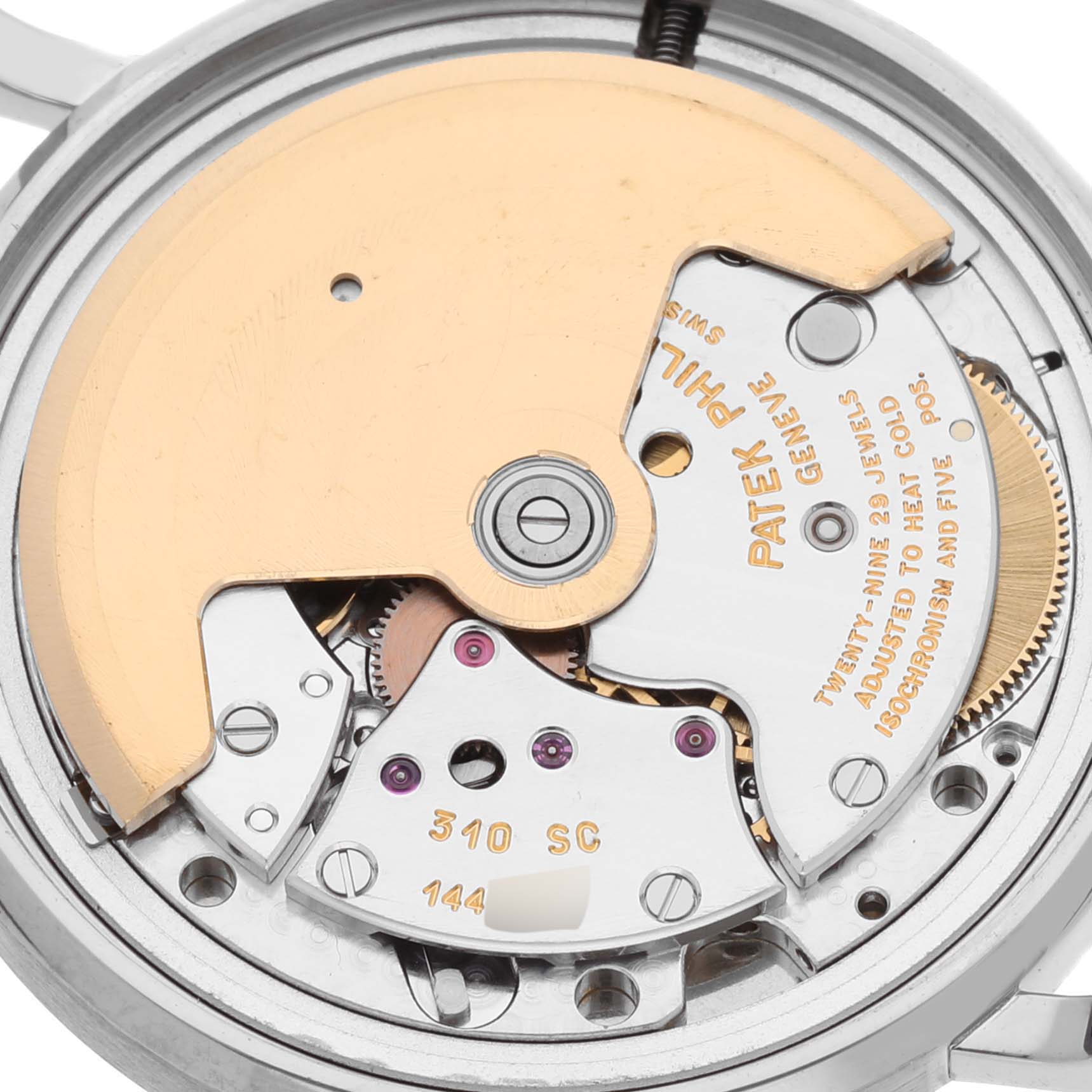 The image shows the movement mechanism of a Patek Philippe Calatrava 3802/200G-001 Men's White Gold White Dial 3802/200G-001 Men's White Gold White Dial model from a top-down angle.