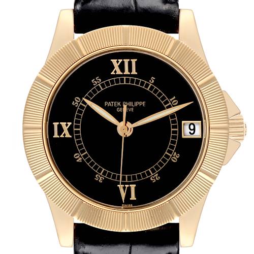 The Patek Philippe Neptune 5081 Men's Yellow Gold Black Dial 5081 Men's Yellow Gold Black Dial watch is shown from the front, highlighting its black dial, gold bezel, and date window.