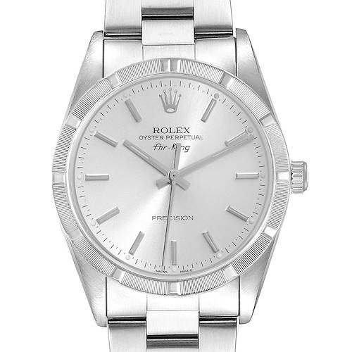 The image shows a frontal view of the Rolex Air-King 14010 Men's Stainless Steel Silver Dial, highlighting the dial, bezel, and bracelet.