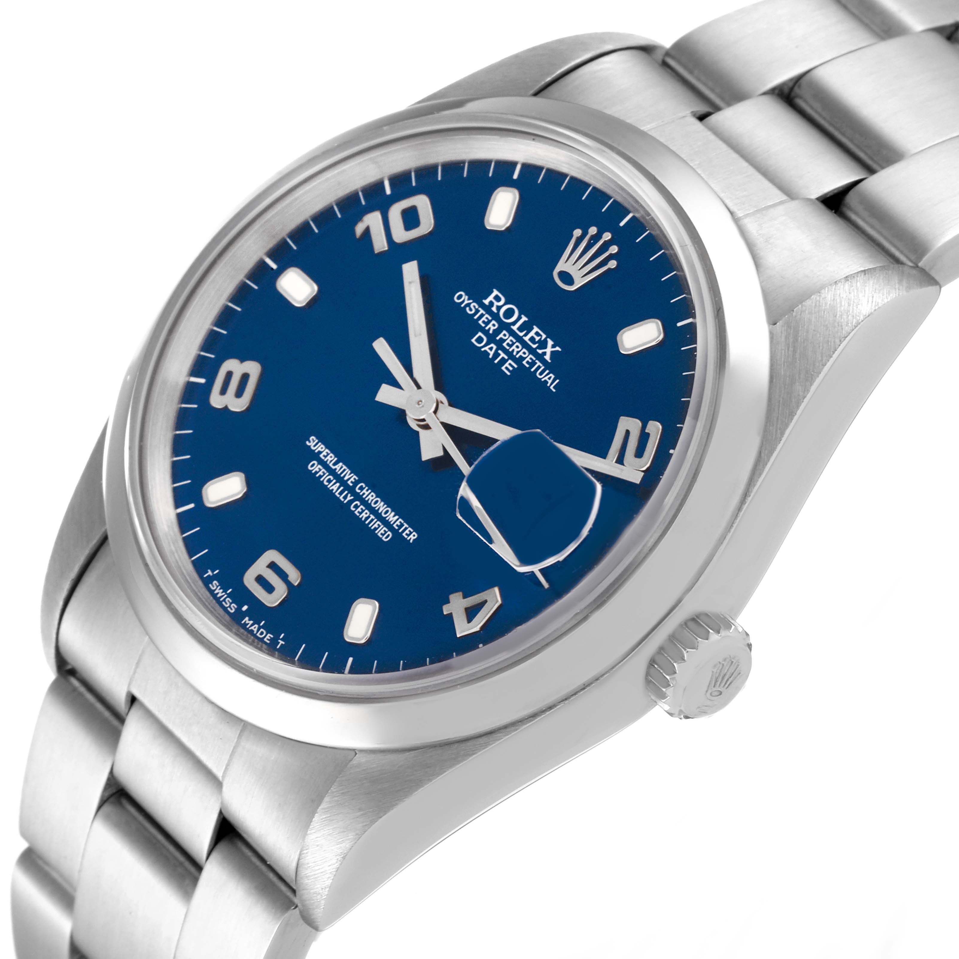 This is a side and front angled view of the Rolex Date 15200 Men's Stainless Steel Blue Dial 15200 Men's Stainless Steel Blue Dial model, showing the dial, crown, and part of the bracelet.