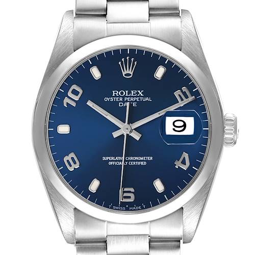 This image shows a frontal view of the Rolex Date 15200 Men's Stainless Steel Blue Dial 15200 Men's Stainless Steel Blue Dial model watch, highlighting its blue dial, date window, and stainless steel bracelet.