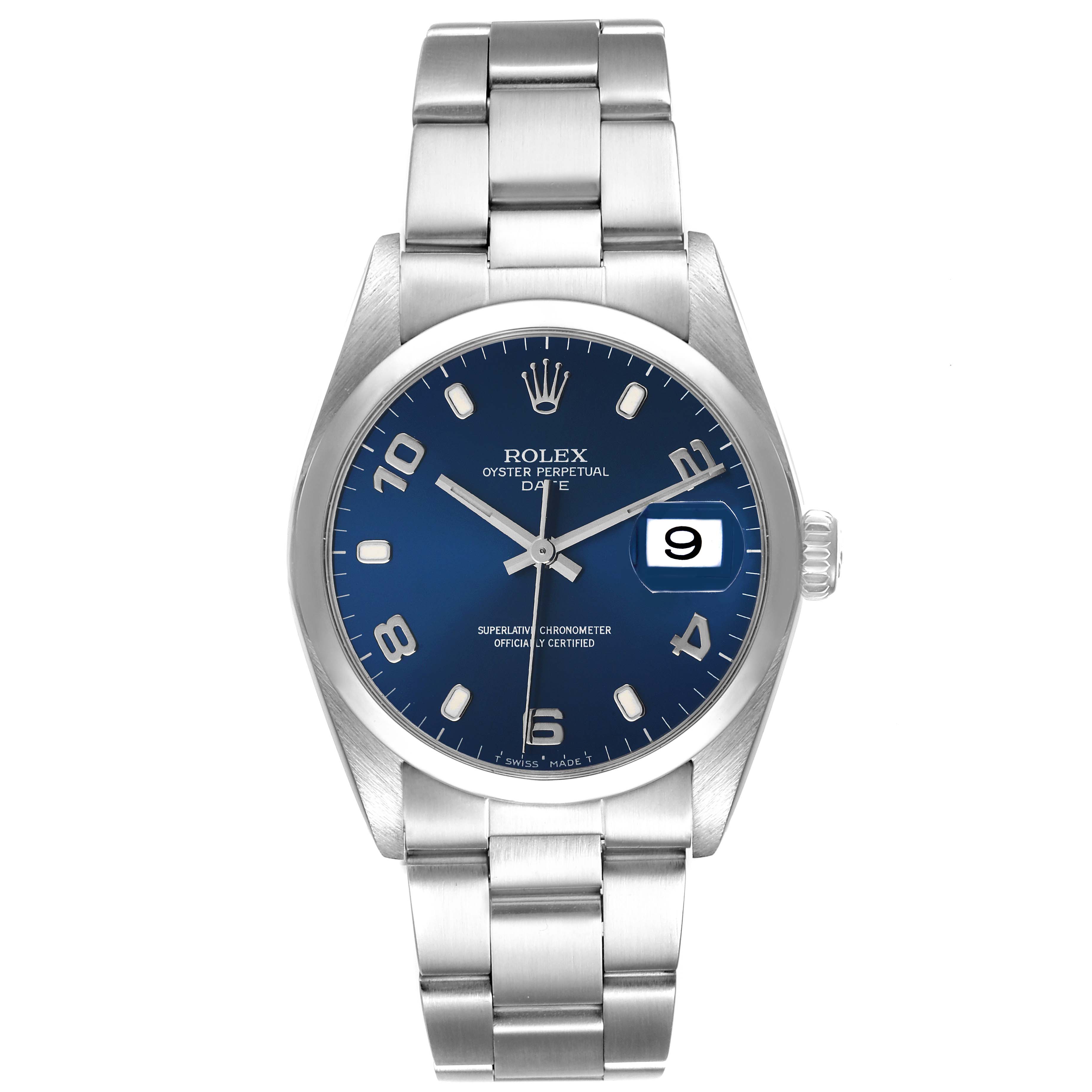 This is a front view of a Rolex Date 15200 Men's Stainless Steel Blue Dial 15200 Men's Stainless Steel Blue Dial model, showing its blue dial, bracelet, case, and date display.