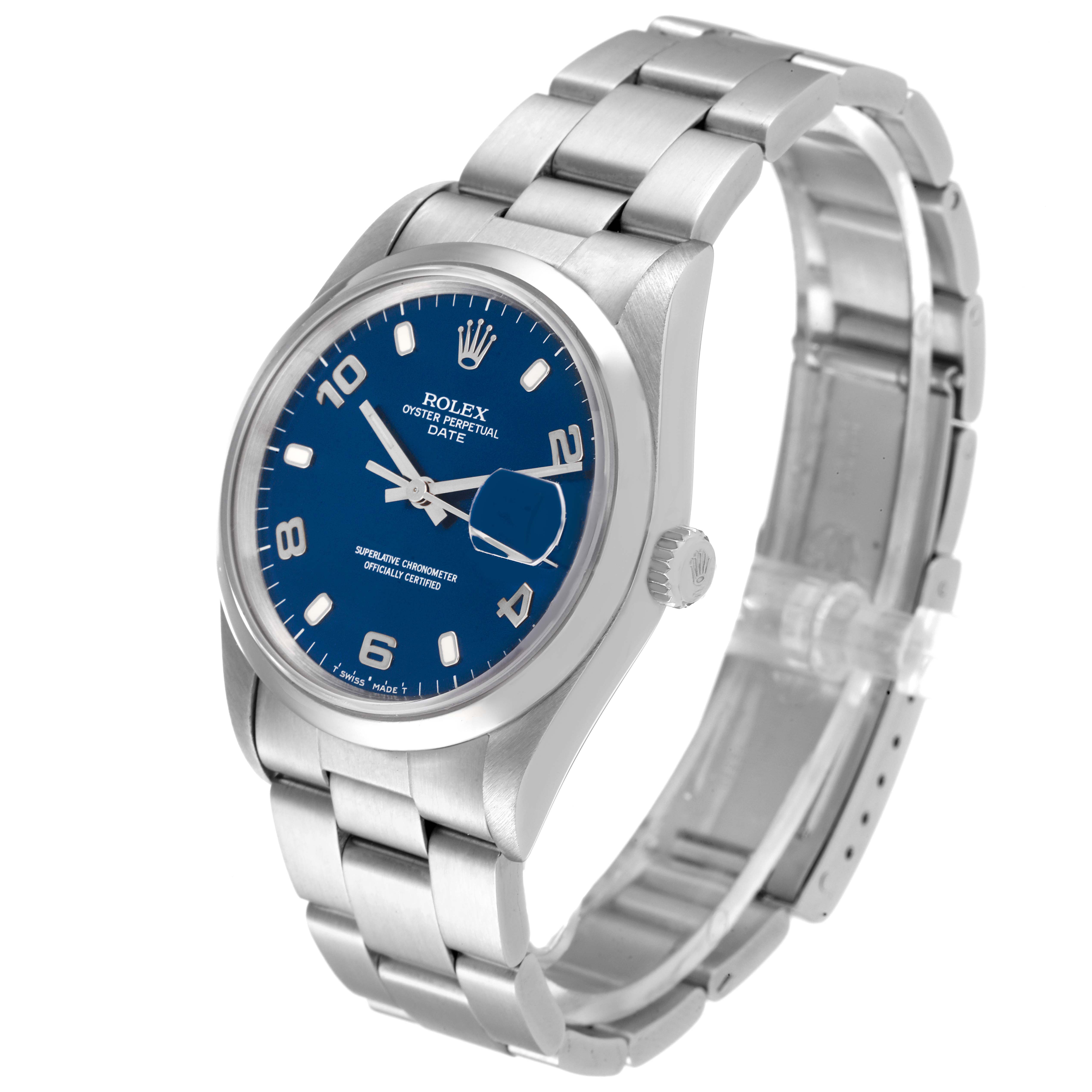 The Rolex Date 15200 Men's Stainless Steel Blue Dial 15200 Men's Stainless Steel Blue Dial model watch is shown at a slight angle, displaying its blue dial, stainless steel bracelet, and magnified date window.