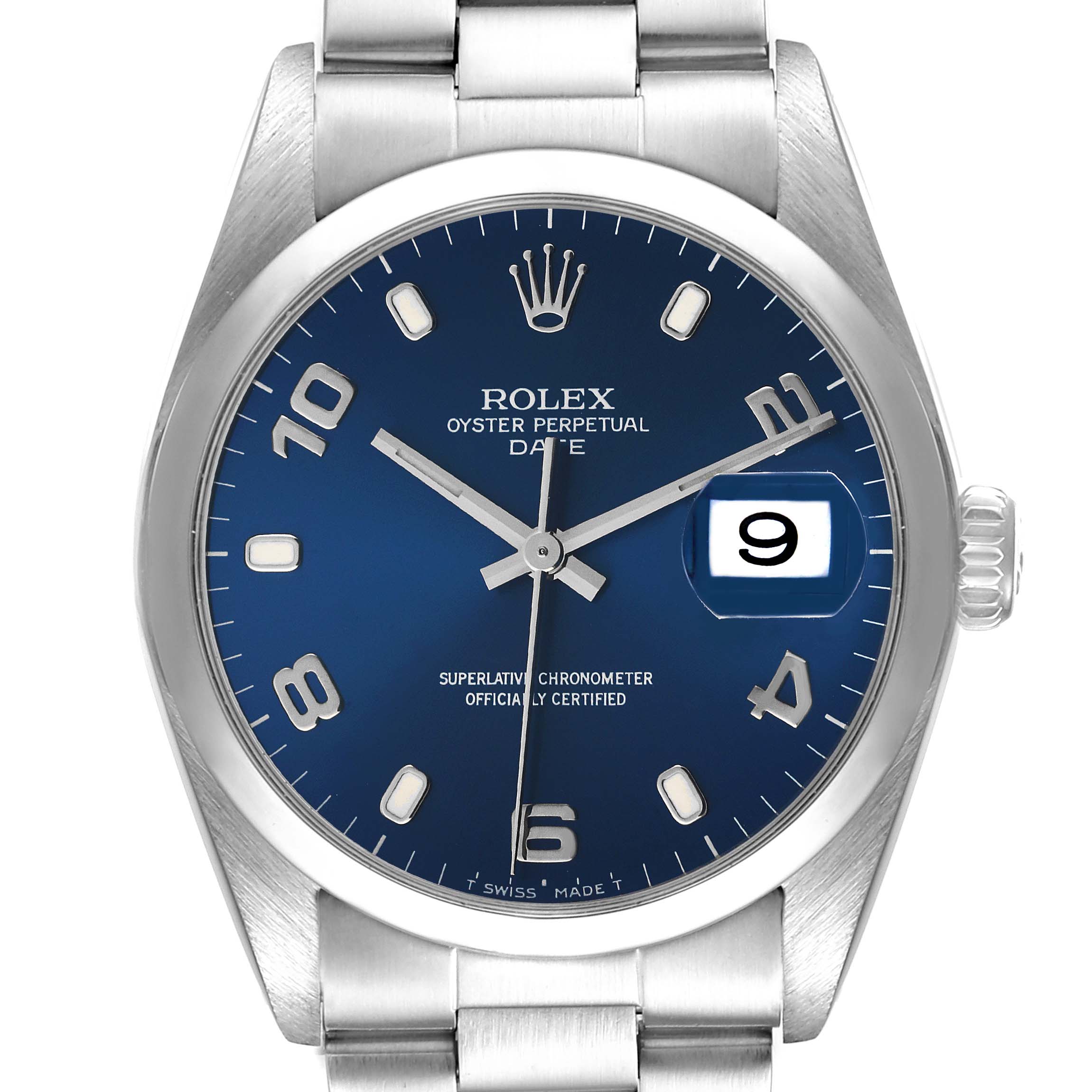 This image shows the face, bezel, and part of the bracelet of a Rolex Date 15200 Men's Stainless Steel Blue Dial 15200 Men's Stainless Steel Blue Dial model watch, viewed from the front.