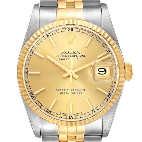 The Rolex Datejust 16233 Men's Steel and Gold (two tone) Champagne Dial 16233 Men's Steel and Gold (two tone) Champagne Dial watch is shown from the front, highlighting the gold dial, bezel, and two-tone bracelet.