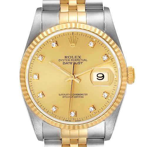 The Rolex Datejust 16233 Men's Steel and Gold (two tone) Champagne Dial watch is shown from the front, displaying its dial, fluted bezel, and crown with a two-tone bracelet.