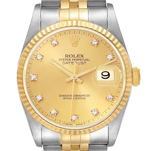 The Rolex Datejust 16233 Men's Steel and Gold (two tone) Champagne Dial 16233 Men's Steel and Gold (two tone) Champagne Dial is shown from a top-down angle, highlighting the face, bezel, and part of the bracelet.