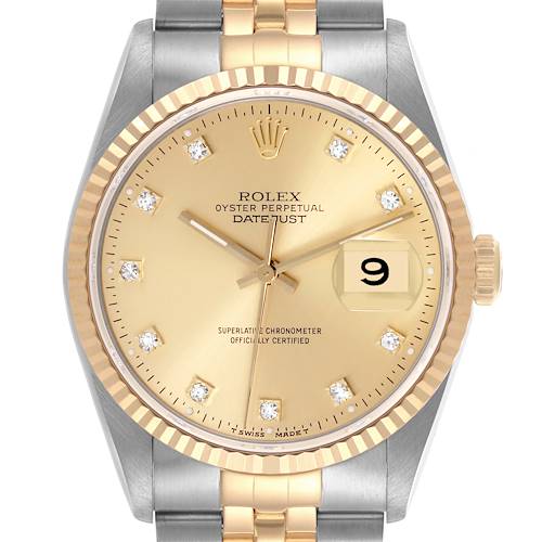 The Rolex Datejust 16233 Men's Steel and Gold (two tone) Champagne Dial 16233 Men's Steel and Gold (two tone) Champagne Dial watch is shown from the front, featuring its gold dial, fluted bezel, and two-tone bracelet.