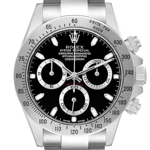 The image shows a front view of a Rolex Daytona 116520 Men's Stainless Steel Black Dial watch, highlighting its dial, bezel, and pushers.