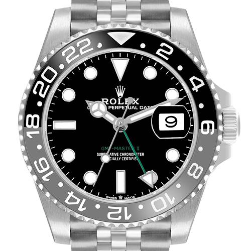 The image shows a frontal view of a Rolex GMT-Master 126710 Men's Stainless Steel Black Dial II watch, highlighting the dial, bezel, and bracelet.