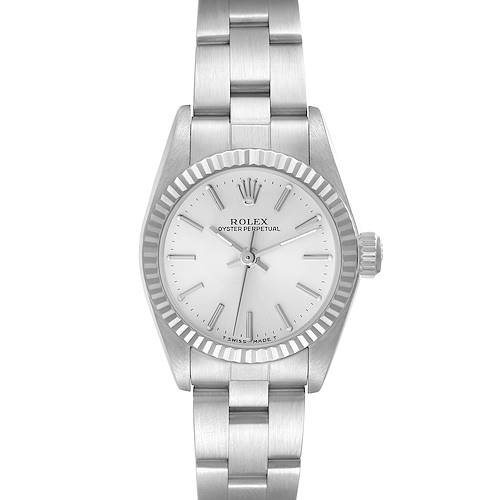 This image shows a front view of a Rolex Oyster Perpetual 67194 Women's Stainless Steel Silver Dial 67194 Women's Stainless Steel Silver Dial watch, displaying the dial, bezel, and bracelet.