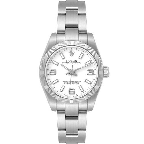 This is a front view of a Rolex Oyster Perpetual 176210 Women's Stainless Steel White Dial 176210 Women's Stainless Steel White Dial watch, showing the face, bezel, and bracelet.