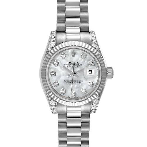 This image shows a frontal view of a Rolex President 179239 Women's White Gold Mother of Pearl Dial 179239 Women's White Gold Mother of Pearl Dial model watch with diamond markers and a date display.