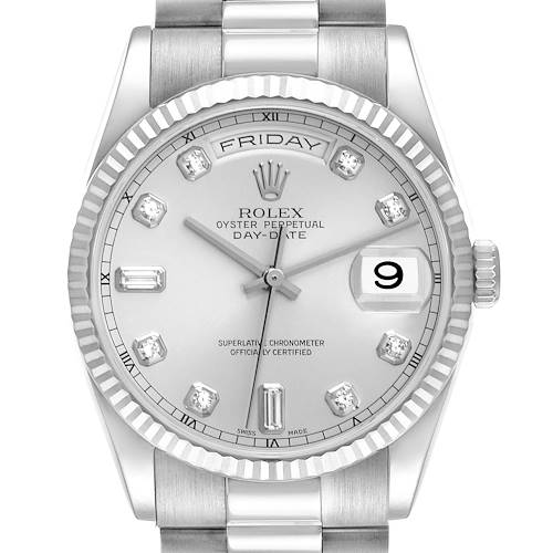 The Rolex President 118239 Men's White Gold Silver Dial model is shown from a front angle, displaying the dial, bezel, and part of the bracelet.
