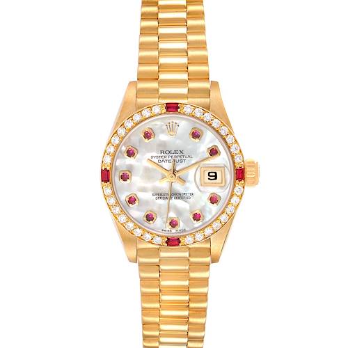 The image shows a Rolex President 69068 Women's Yellow Gold Mother of Pearl Dial 69068 Women's Yellow Gold Mother of Pearl Dial model watch from the top, featuring the dial, bezel, and bracelet.