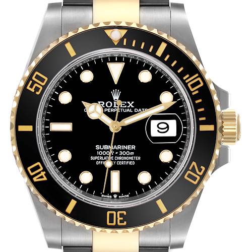 The Rolex Submariner 126613 Men's Steel and Gold (two tone) Black Dial watch is shown from a front view, highlighting the dial, bezel, date window, and crown.