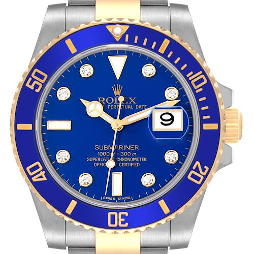 The image shows a front view of a Rolex Submariner 116613 Men's Steel and Gold (two tone) Blue Dial 116613 Men's Steel and Gold (two tone) Blue Dial watch, highlighting its blue dial, bezel, and two-tone stainless steel and gold bracelet.