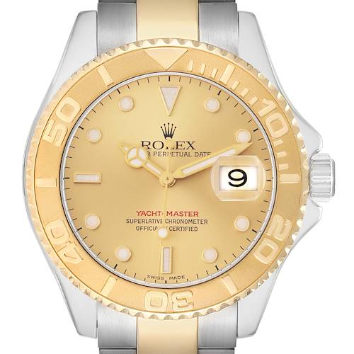 The Rolex Yacht-Master 16623 Men's Steel and Gold (two tone) Champagne Dial watch is shown from the front, highlighting the bezel, dial, hands, and date magnifier.