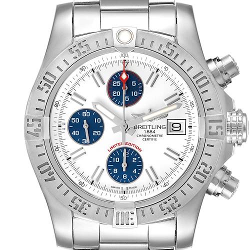 This image shows a front view of a Breitling Avenger A13381 Men's Stainless Steel White Dial A13381 Men's Stainless Steel White Dial watch, highlighting the bezel, chronograph sub-dials, and date window.