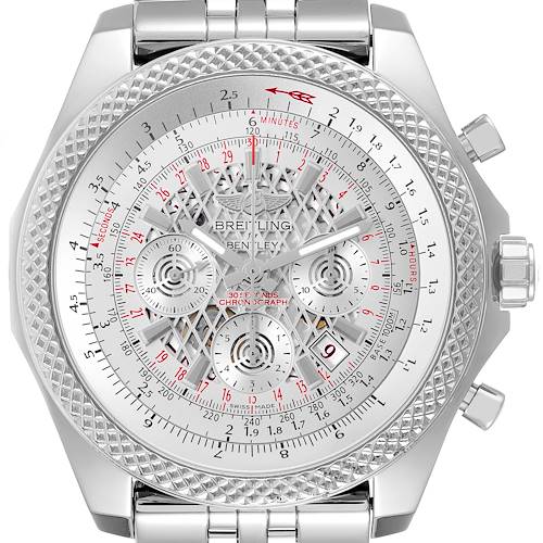 The image shows a front view of the Breitling Bentley AB0611 Men's Stainless Steel Silver Dial AB0611 Men's Stainless Steel Silver Dial watch, highlighting its dial, bezel, and metal bracelet.