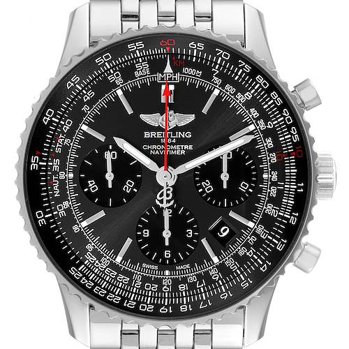 The image shows a frontal view of a Breitling Navitimer AB0121 Men's Stainless Steel Grey Dial AB0121 Men's Stainless Steel Grey Dial watch, highlighting its dial, bezel, subdials, and silver bracelet.