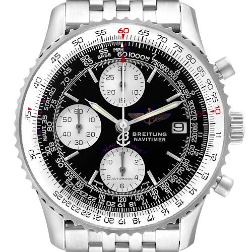The image shows a frontal view of the Breitling Navitimer A13330 Men's Stainless Steel Black Dial A13330 Men's Stainless Steel Black Dial watch, highlighting its dial, hands, chronograph subdials, and bezel.