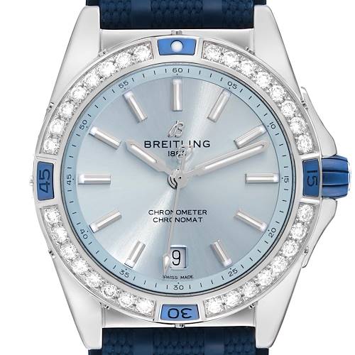 This image shows a front view of the Breitling A17356 Women's Stainless Steel Blue Dial A17356 Women's Stainless Steel Blue Dial Super Chronomat Blue Dial Steel Diamond Ladies Watch A17356, highlighting the dial, bezel, and strap.