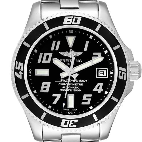The image shows a front view of the Breitling Superocean A17364 Men's Stainless Steel Black Dial A17364 Men's Stainless Steel Black Dial watch, displaying the dial, bezel, hands, and part of the bracelet.
