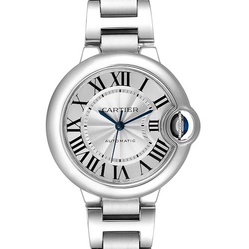 The image shows a frontal view of the Cartier Ballon Bleu W6920071 Women's Stainless Steel Silver Dial W6920071 Women's Stainless Steel Silver Dial watch, highlighting its round face, Roman numerals, and metal bracelet.