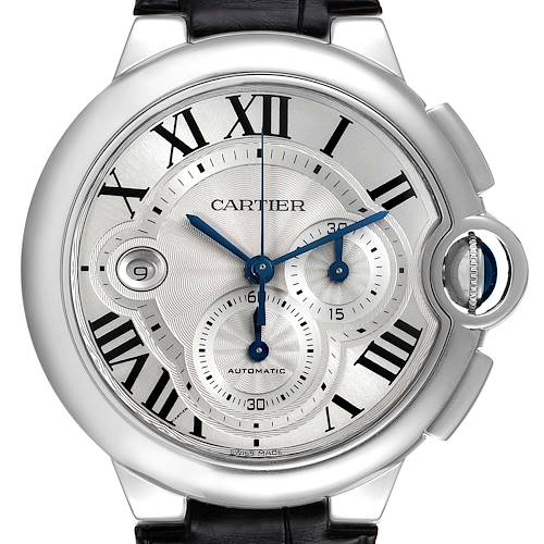 The Cartier Ballon Bleu W6920003 Men's Stainless Steel Silver Dial W6920003 Men's Stainless Steel Silver Dial model is shown from the front, highlighting its dial, Roman numerals, and subdials.